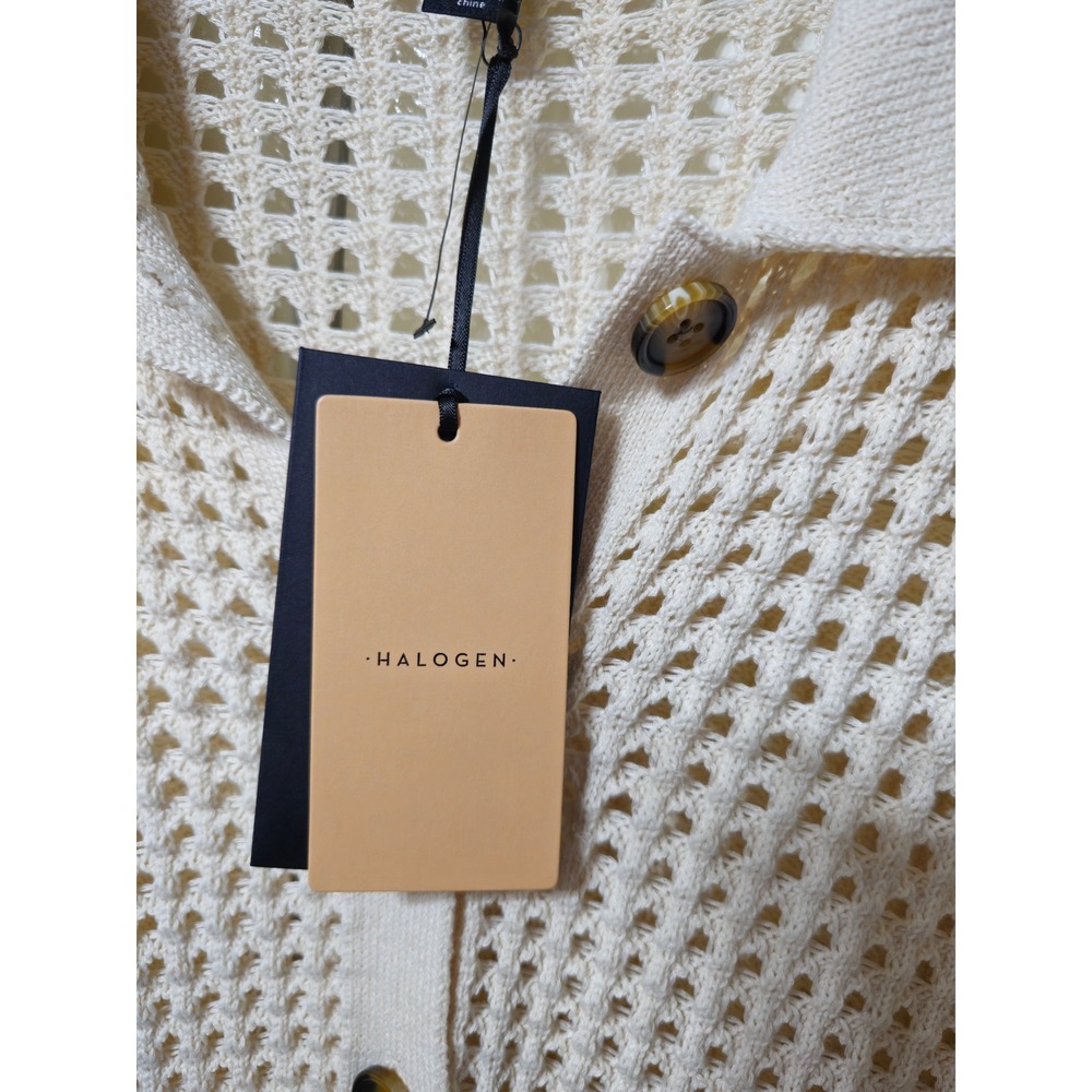 Halogen Womens Cream Open Knit Mesh Cardigan Sweater Polo Collar Size M NWT - Picture 4 of 8